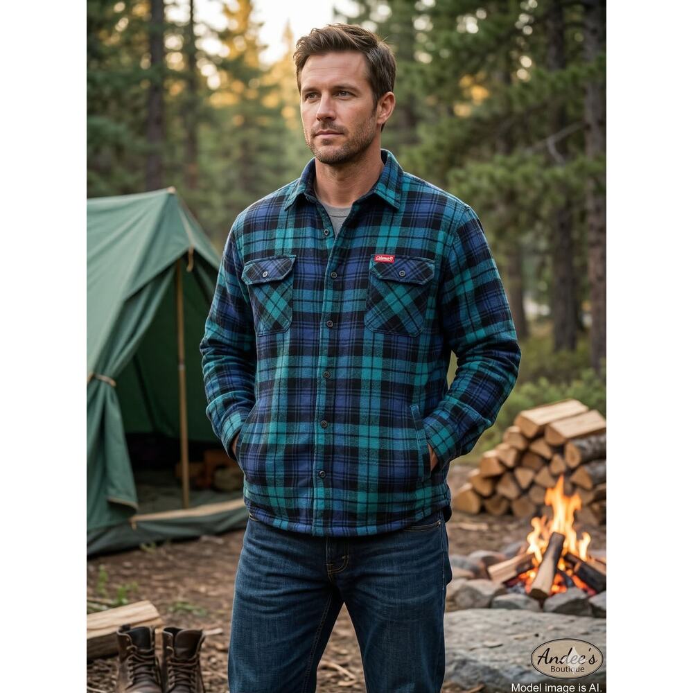 Coleman Quilted Lined Flannel Shirt Jacket Blue Black Plaid‎ Men's Large
